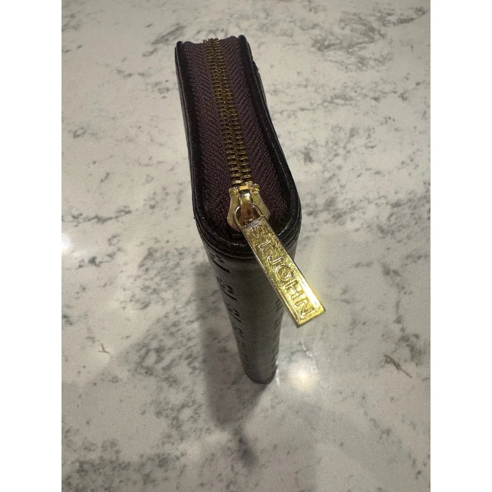 St. John Dark Brown SJ Monogram Embossed Leather Zip Around Wallet Gold Hardware